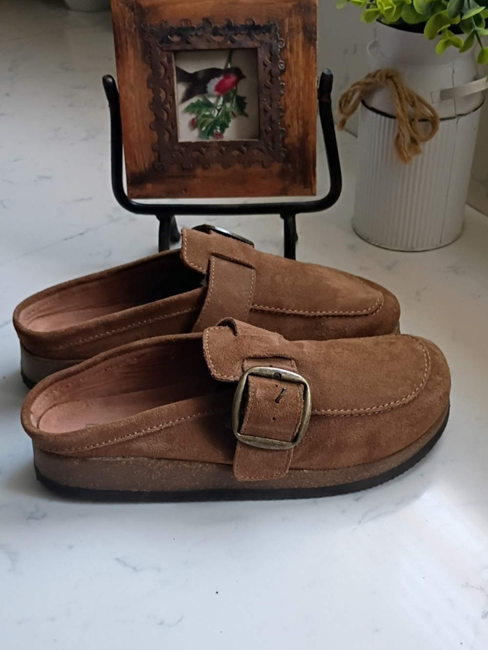 White Mountain Foot beds Brown Suede Buckle Slip-On Mules